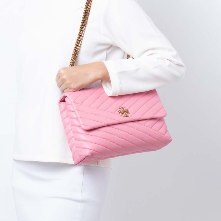 Tory Burch Rare Kira Chevron Convertible Shoulder Bag In Pink City Gold Chain